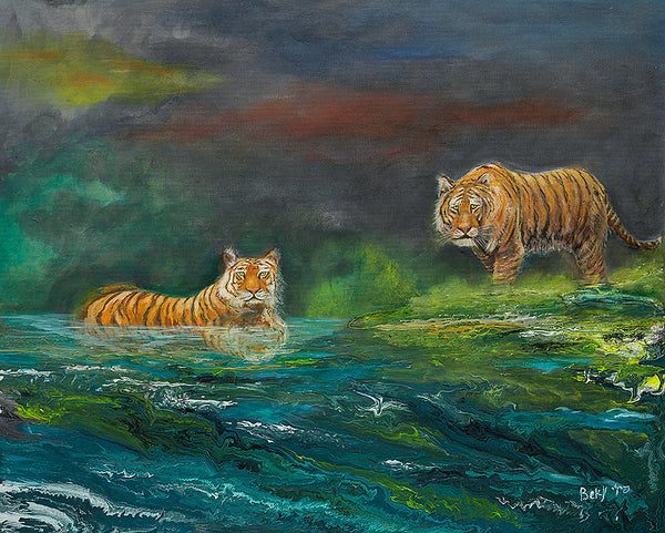 Tigers by the River: Majesty in the Mist | Fine Art Canvas Print