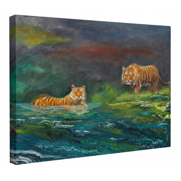 Tigers by the River: Majesty in the Mist | Fine Art Canvas Print